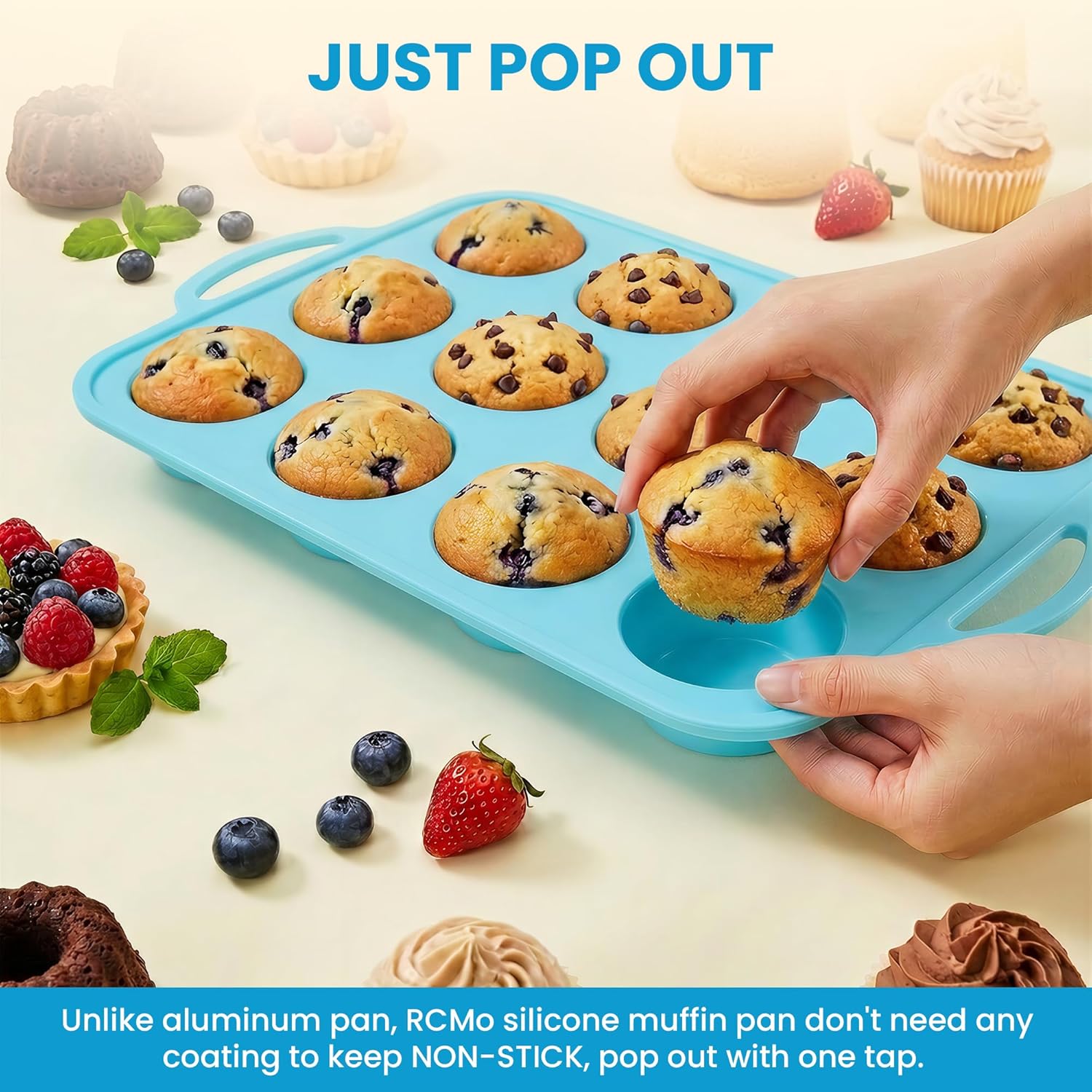 Skiennix Silicone Muffin Pan - 12-Cup Baking Tray with Metal Reinforced Frame, BPA Free - Blue
