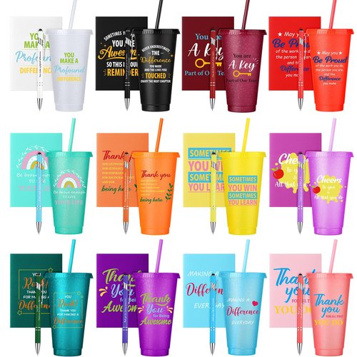 Feifeiya 72 Pcs/ 24 Set Thank You Gifts Bulk 24 oz Employee Staff Dispatcher Appreciation Tumbler with Lids and Straws Motivational Pens Inspirational Notepads Plastic Cup Gift (awesome, Colorful 2)