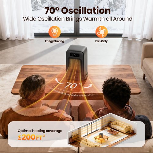 FLANUR Space Heaters for Indoor Use, 1500W Small Desk Heater with Remote, Thermostat, 4 Modes, 12H Timer, LED Display, Safety Protection, 70° Oscillating Heater for Office Bedroom Home (Black, 1Pack)