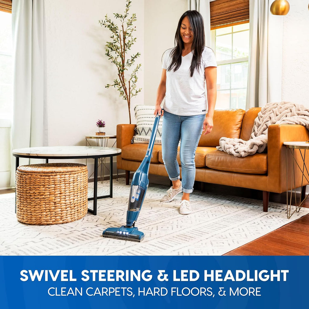 Vacmaster Portable 10.8V Cordless Stick Vacuum - Lightweight, 2-Speed Power Control, LED Headlight | Ideal for Hardwood, Carpet & Pet Hair, Blue