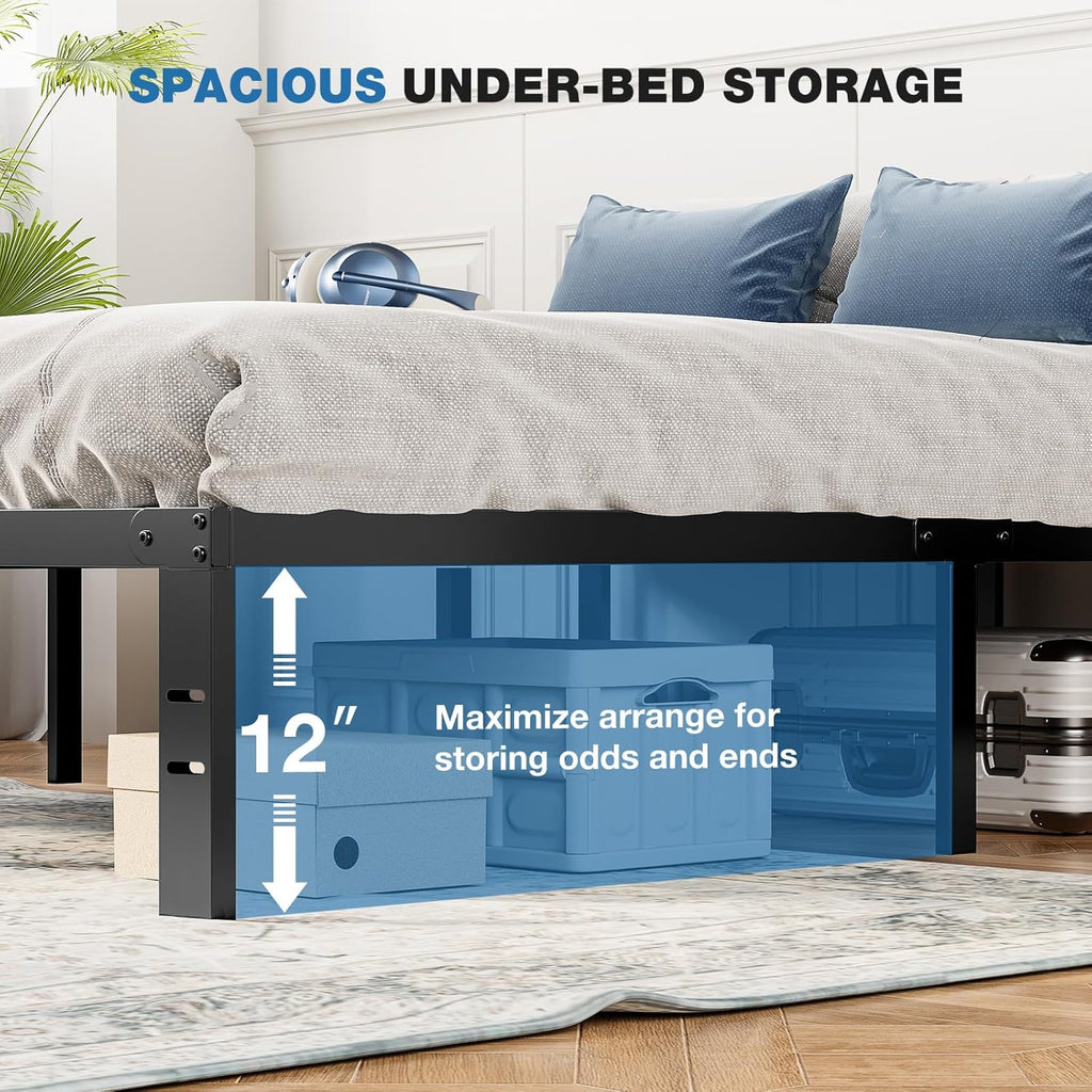 OLIXIS Metal Queen Bed Frame - 14" High with Storage Space & Sturdy Steel Support | Easy Assembly, Black