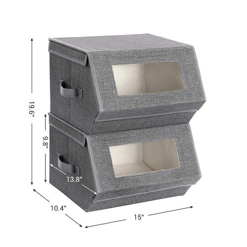 SONGMICS Stackable Storage Bins Set of 2, Storage Boxes with Lids and Front Windows, Non-Woven Fabric Closet Organizers with Magnetic Closures, Side Handles, Dark Gray URPLB02G