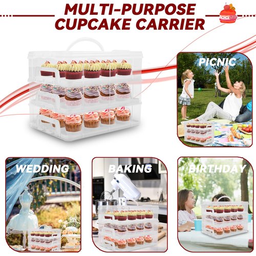 LEPump Cupcake Carrier, 3-Tiers Cupcake Containers, Holds 36 Cupcakes or 3 Large Cakes, Cupcake Holder, Cupcake Box with Lid and Handle (White, Basic)