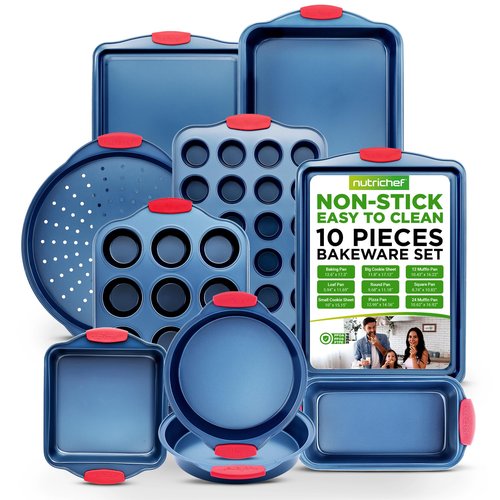 NutriChef 10-Piece Nonstick Bakeware Set - Premium Carbon Steel Baking Pans w/Silicone Handles - Includes Pizza Tray with Holes, 12 & 24 Cup Muffin Pans, Cookie Sheets, Round, Square & Loaf Pan - Blue