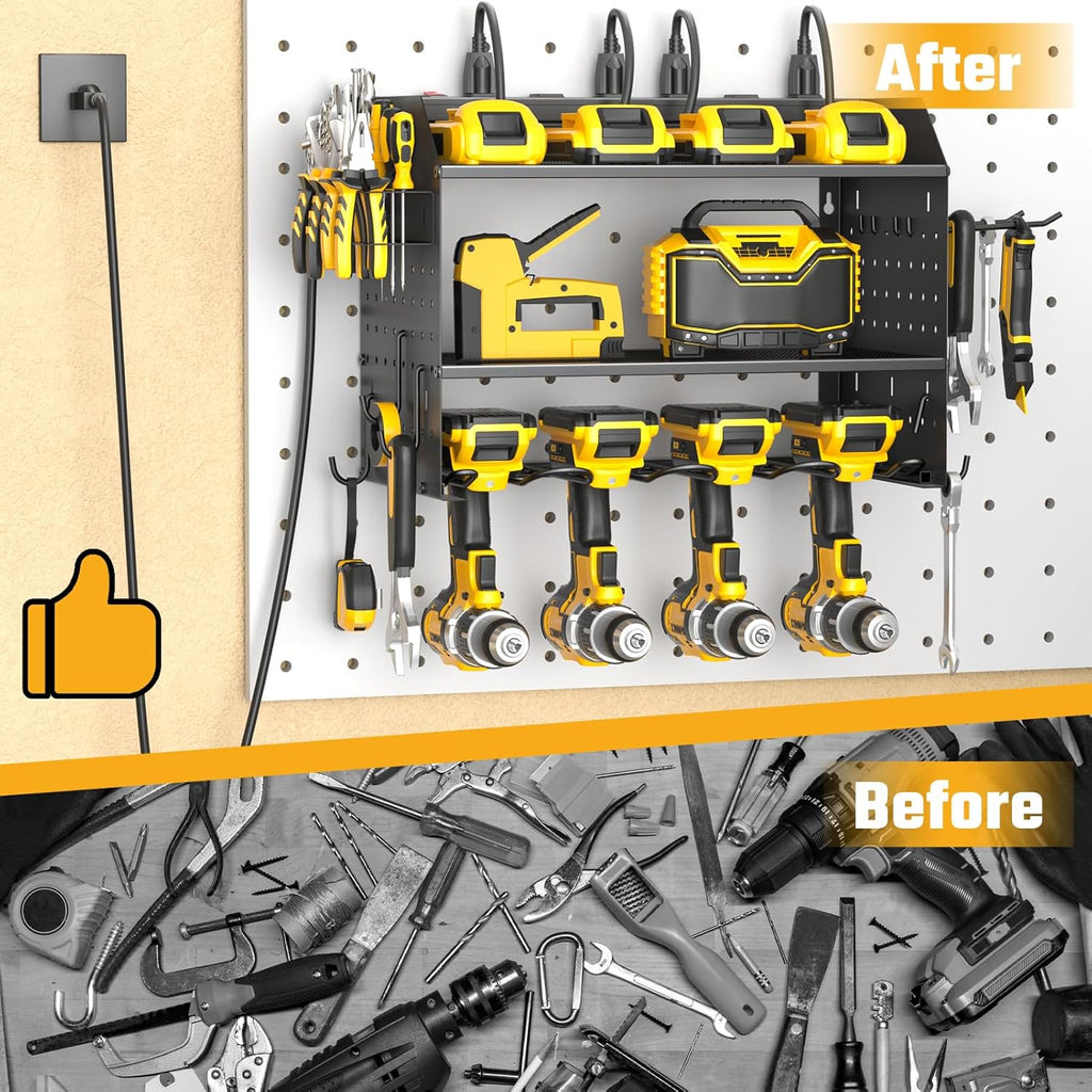 ZESEN Power Tool Organizer - 3-Layer Wall Mount Charging Station with 6 Outlets & Drill Holders - Black