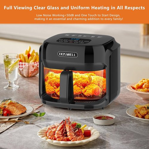 BOSWELL 7.5QT Glass Air Fryer - Transparent Fry Bowl, Temperature Control & Dishwasher Safe Design