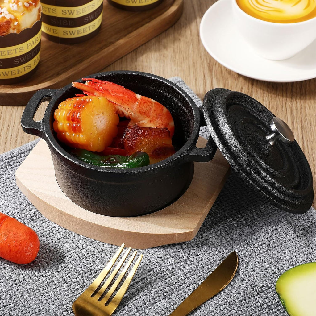 Skiennix 20 oz Dutch Oven Pot Set - Pre-Seasoned Cast Iron Casserole with Lid & Wooden Base | Heavy-Duty Black Cocotte