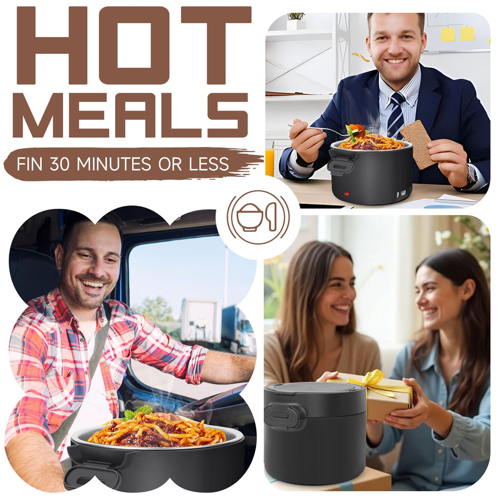 WVJ Electric Lunch Box for Men, 1L/34oz 100W Portable Food Warmer Leak-proof Food Heater for Adults 12V/24V/110V for Car/Truck/Office/On-the-Go Travel Black