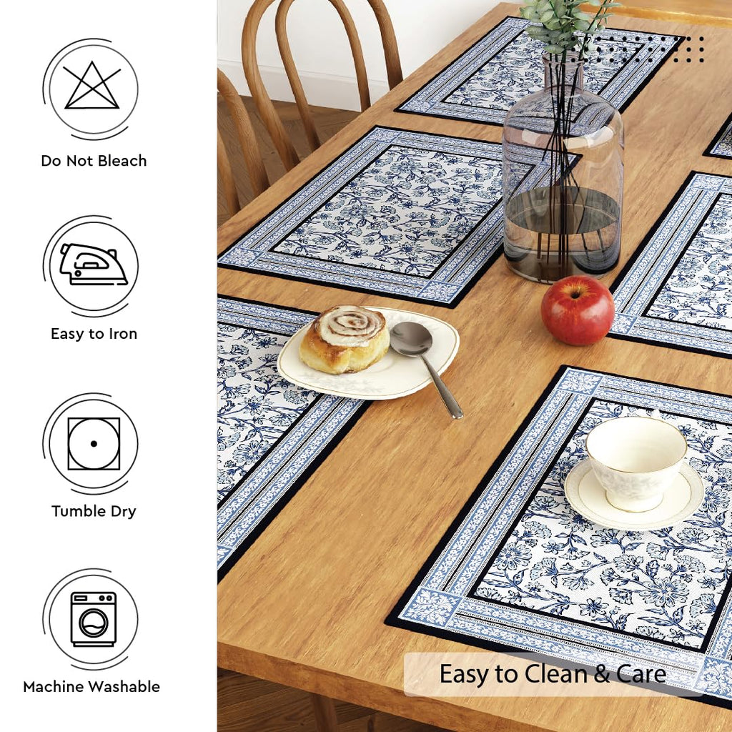 Encasa XO Dining Table Mats Set of 6 | Indigo-02 Block Printed Cotton Canvas Placemat - 18x13 in | Jaipur Sanganeri Hand Print