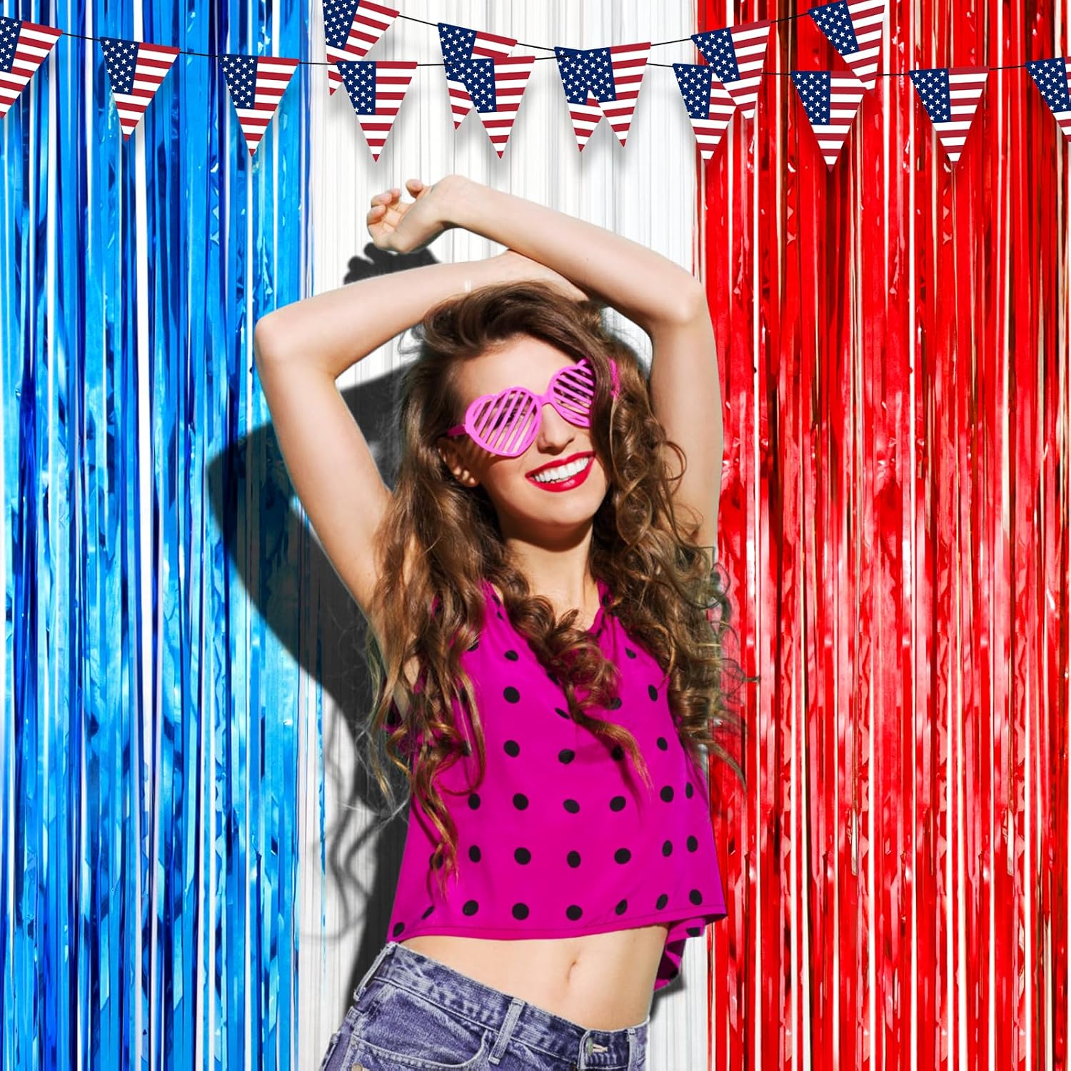 Voircoloria Red, White & Blue Foil Fringe Backdrop Curtains - 3 Pack Tinsel Streamers for Patriotic Celebrations