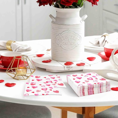100 Pink Heart Cocktail Beverage Napkins Disposable Paper Love Hearts Dessert Napkin for Valentine's Day Wedding Party Supplies Tableware Decor