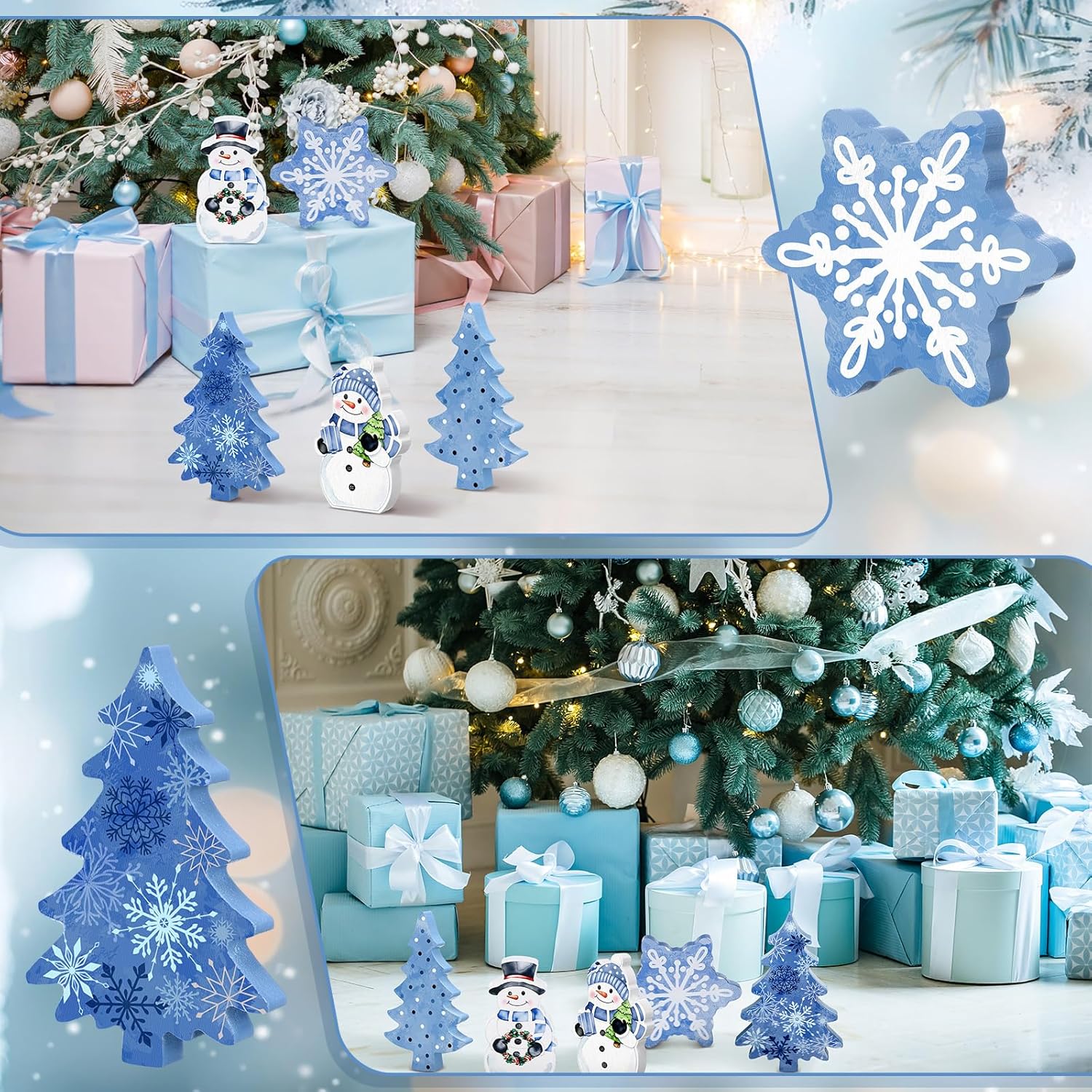 Threehoney Winter Snowman Decor - 5 Pcs Cute Blue Snowflake Table Centerpieces for Home & Office