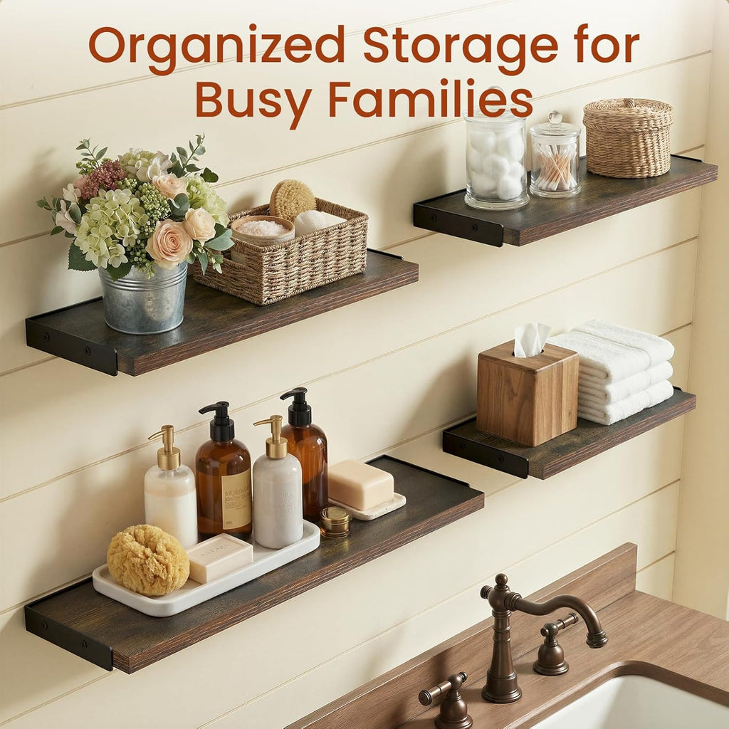 BAYKA Floating Wall Shelves - Rustic Wood Bathroom & Living Room Storage | Set of 4, Rustic Brown