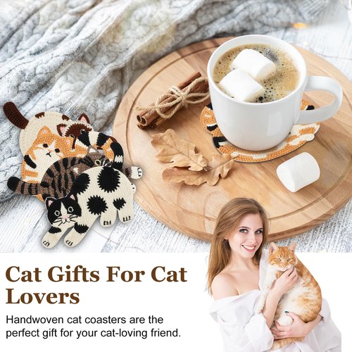 OT-NVWOZR Cute Cat Coasters for Desk, Funny Woven Coaster for Decoration, Creative Gifts for Cat Lovers, Crochet Insulation Knitted Coasters for Coffee Tea Table Desktop Protection (4, Style B)