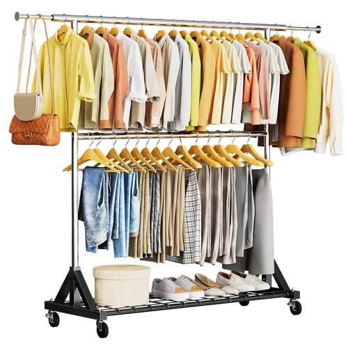 Luxspire Heavy Duty Clothes Rack Load 600 LBS, Double Rod Clothing Rack, Rolling Garment Racks with Lockable Wheels, Shelves, Adjustable Laundry Hanging Racks for Clothes