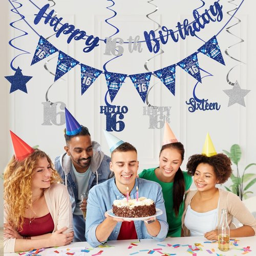 Blue Silver 16th Birthday Decorations for Boys Girls, Happy 16th Birthday Banner Stars Sixteen Hanging Swirls Hello 16 Bday Decor Party Supplies Sign