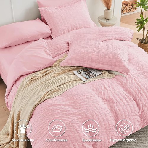 HYMOKEGE Comforter Set - Luxury 7-Piece All-Season Bedding in Pink | Full Size with Sheets & Pillowcases