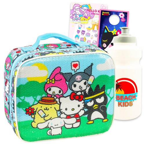 Sanrio Lunch Bag Set - Bundle of Sequined Hello Kitty Lunch Box with My Melody, Kuromi, Cinnamoroll and Tattoos, Bottle, More School Supplies for Kids