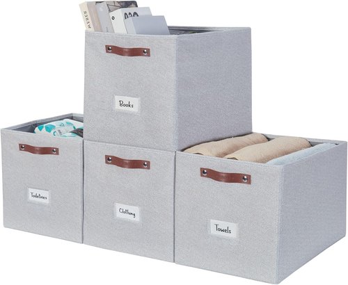 DECOMOMO Storage Baskets - 13x15x13 Cube Bins with Labels for Organized Shelves | Light Grey (4pcs)