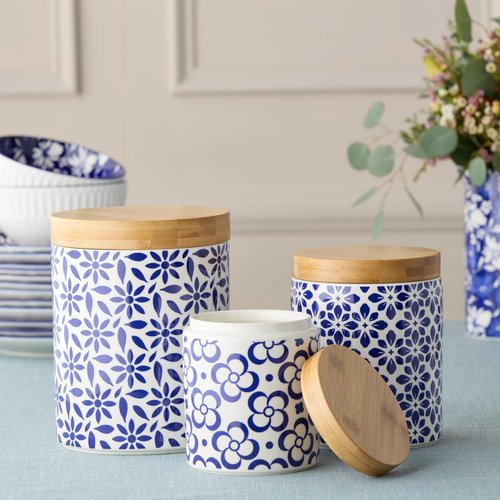 Madison 3pc Canister Set - Premium Porcelain with Bamboo Lids, Blue and White Patterns - Large 96 oz, Medium 80 oz, Small 30 oz - Perfect for Pantry Storage and Organization