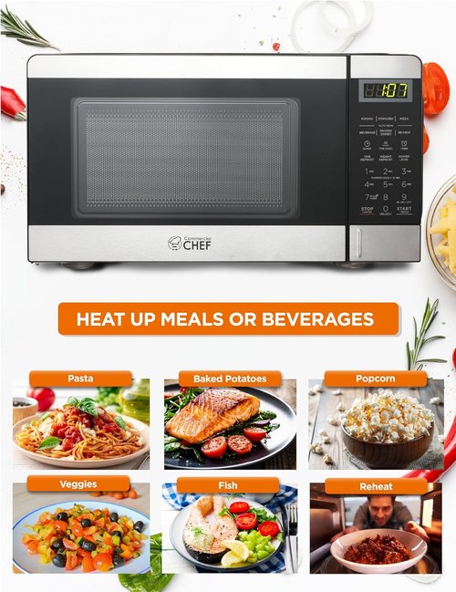 Commercial Chef 0.7 Cu Ft Microwave - 10 Power Levels, 700W, Digital Display, Stainless Steel