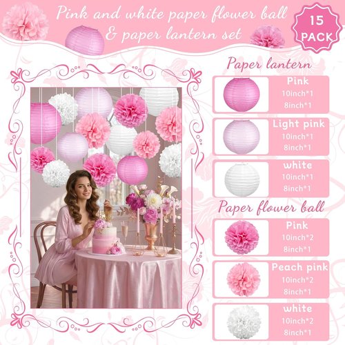 KAXIXI Pink Party Decorations - 15 Pcs Hanging Lanterns & Tissue Pom Poms for Baby Showers & Birthdays