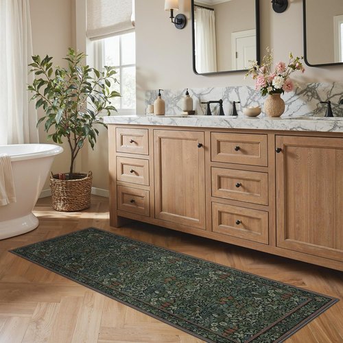 GENIMO 2x6 Runner Rug - Non-Slip Washable Vintage Boho Floral Carpet | Dark Green for Hallways & Entryways