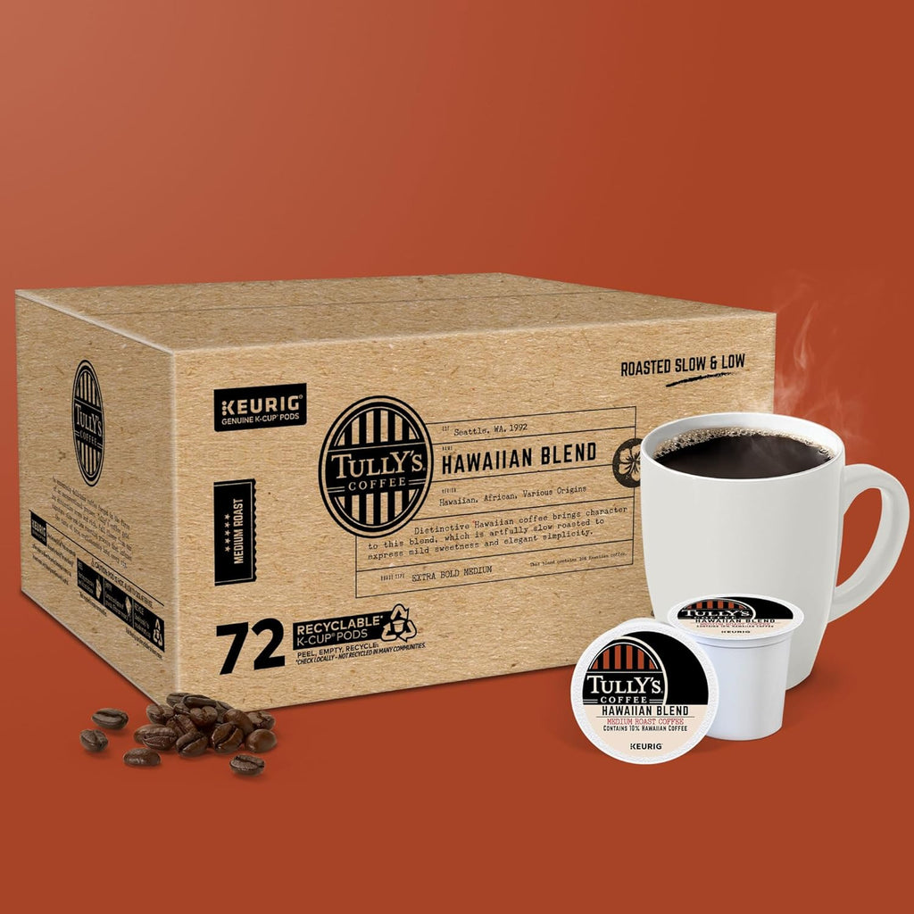 Tully's Coffee Hawaiian Blend K-Cup Pods - Medium Roast, 72 Count | Perfect for Keurig Brewers