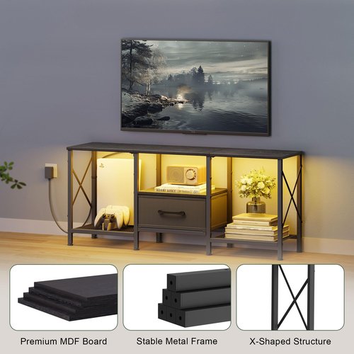 JARHETUN LED TV Stand with Fabric Drawer, Entertainment Center for 50 55 Inch TV, Industrial TV Console Table with Open Storage Shelves for Living Room, Bedroom, Black