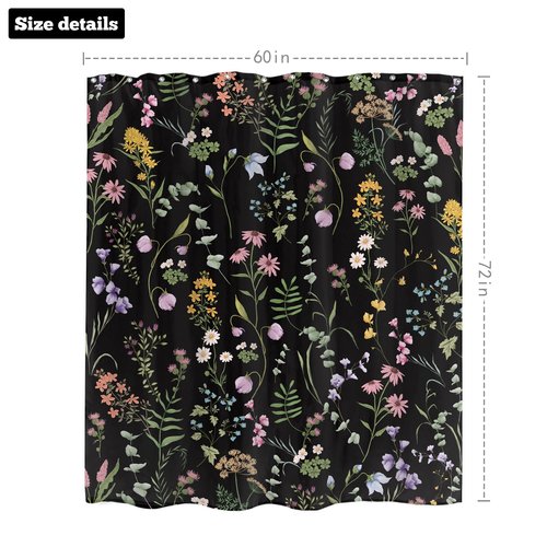 LIGHTINHOME Black Floral Shower Curtain 60Wx72H Inches Cute Dark Wildflower Rustic Flower Blossom Farmhouse Leaves Botanical Cloth Fabric Waterproof Polyester Bathroom Home Decor Set with Hooks