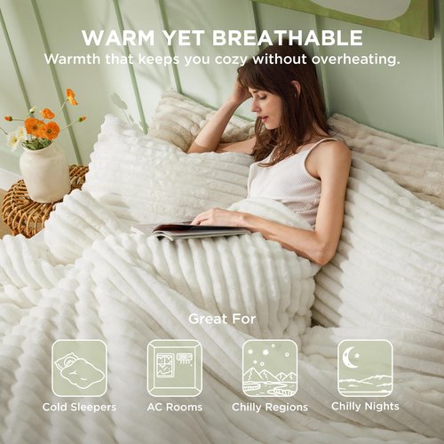Bedsure Comforter Set Queen Size - GentleSoft™ 3 Pieces Double-Side Fleece Fluffy White Comforter Set, Cozy Striped Room Decor Aesthetic, Luxury Bedding Queen Size, 2 Pillowcases, 90x90 Inches