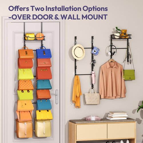 SWTYMIKI Over The Door Purse Organizer - Wall Mounted Purse Rack with 16 Hooks and Metal Basket, Handbag Hanger Organizer Holds up to 16 Bags, Bag Rack Can Use As 1/2 Part, for Door, Closet