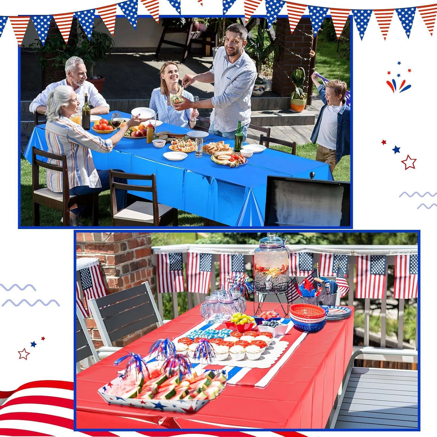 Regine Switzerland 4th of July Tablecloths - Patriotic Foil Design | 54 x 108 Inch Rectangle, Red/Silver/Blue
