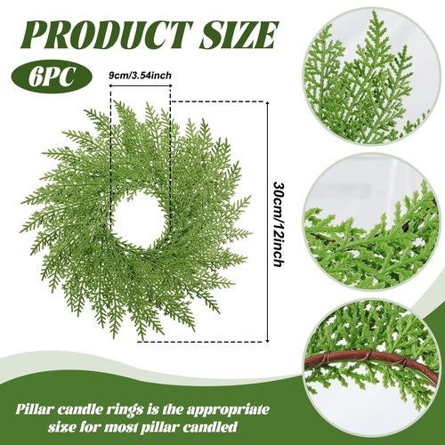 6PCS Christmas Cedar Candle Rings Wreaths 12 Inch Artificial Pine Garland Candle Ring Holder for Christmas Cabinet Table Chair Windows Wedding Doors Xmas Tree Centerpiece Decorations