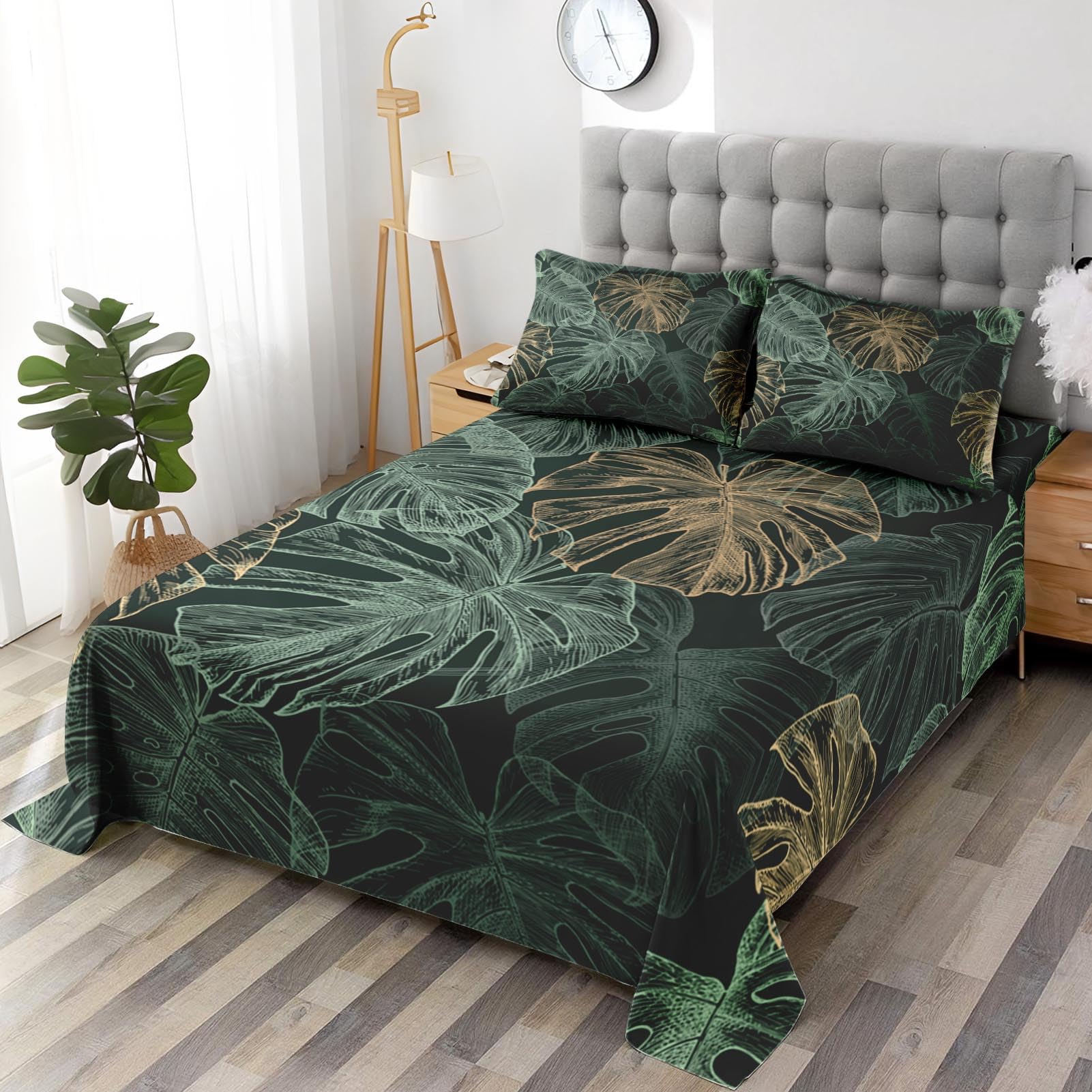 WeCozy Queen Size Bed Sheet Sets with Pillowcases, Green Golden Tropical 4 Pcs Soft Microfiber Bedding for Kids and Adults, Leaves Monstera Palm Flat, Fitted Sheet for Bedroom Bed Decor