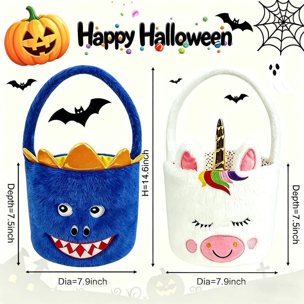DearSun 2 Pcs Halloween Basket Plush Trick or Treat Bag, Halloween Candy Bucket for Kids Gifts Party Decoration Supplies, Dia 8" * H 15.7" (Unicorn&Dinosaur)
