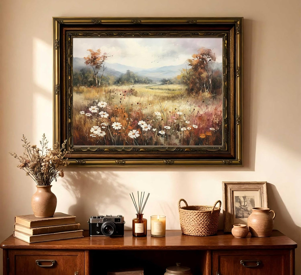 Vintage Gold Framed Wall Art - Retro Floral Landscape Canvas Print for Living Room & Bedroom | 9x11 Inch