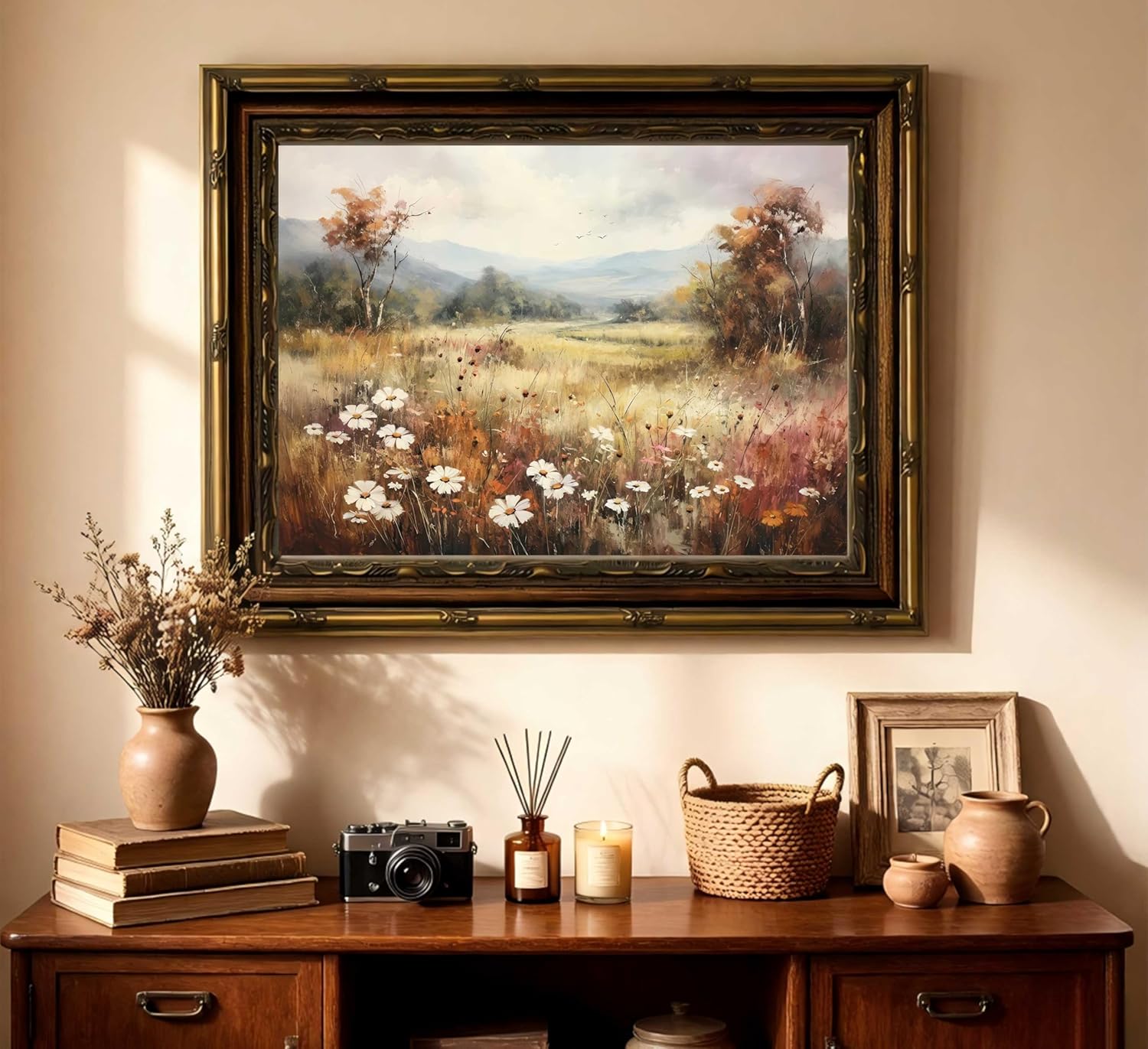Vintage Gold Framed Wall Art - Retro Floral Landscape Canvas Print for Living Room & Bedroom | 9x11 Inch