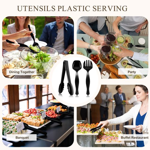 Mwellewm 36Pcs Plastic Serving Utensils Set 9'' Large Disposable Serving Spoons Forks Tongs for Serving Food Heavy Duty Black Large Party Utensils Supplies for Buffet Restaurant Dinner Salad Soup