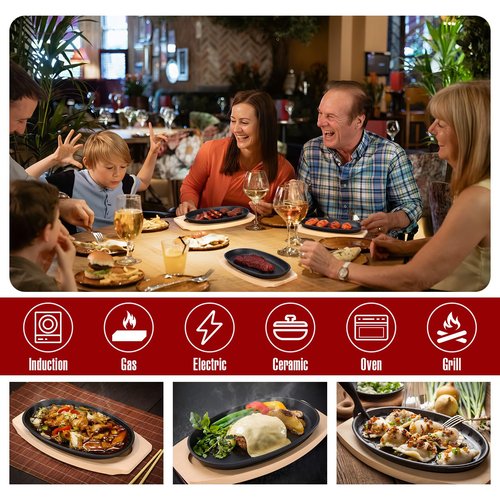 6 Pieces Oval Cast Iron Fajita Skillet Pan Set Small Sizzling Steak Plate with Wooden Base and Handle Cast Iron Fajita Skillet Sizzling Plate for Home Valentine's Day(9.5 in x 5.5 in, Natural Wood)