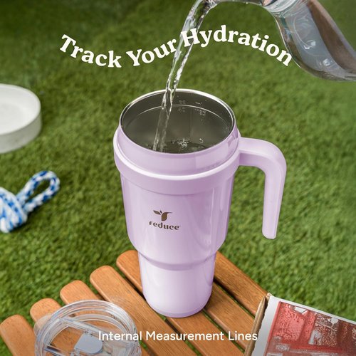 40 oz REDUCE Stainless Steel Tumbler with Handle - Insulated Travel Mug, Sweat-Proof Lid & Reusable Straw - Keeps Drinks Cold for 24 Hrs, Fits Cupholders, Dishwasher Safe - Palm Leaf