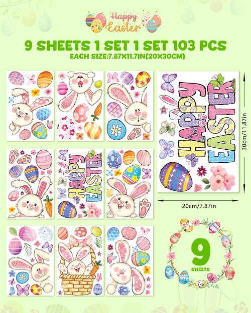 JMHACHY Easter Window Clings - 9 Sheets 103 Pcs Reusable Easter Bunnies Decorations for Home Office, Rabbits Eggs Stickers for Glass, Double-Sided Large Window Decals