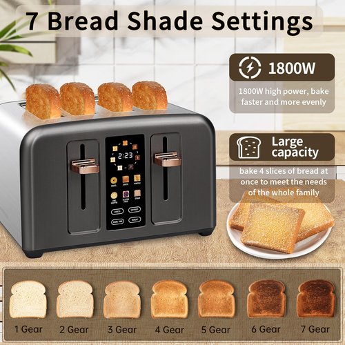 SEEDEEM Toaster 4 Slice, Stainless Toaster & Touch Control, LCD Display, 6 Bread Type, 7 Shade Settings, 1.5'' Wide Slots, Cancel/Defrost/Reheat, Removable Crumb Tray, 1800W, Dark Metallic