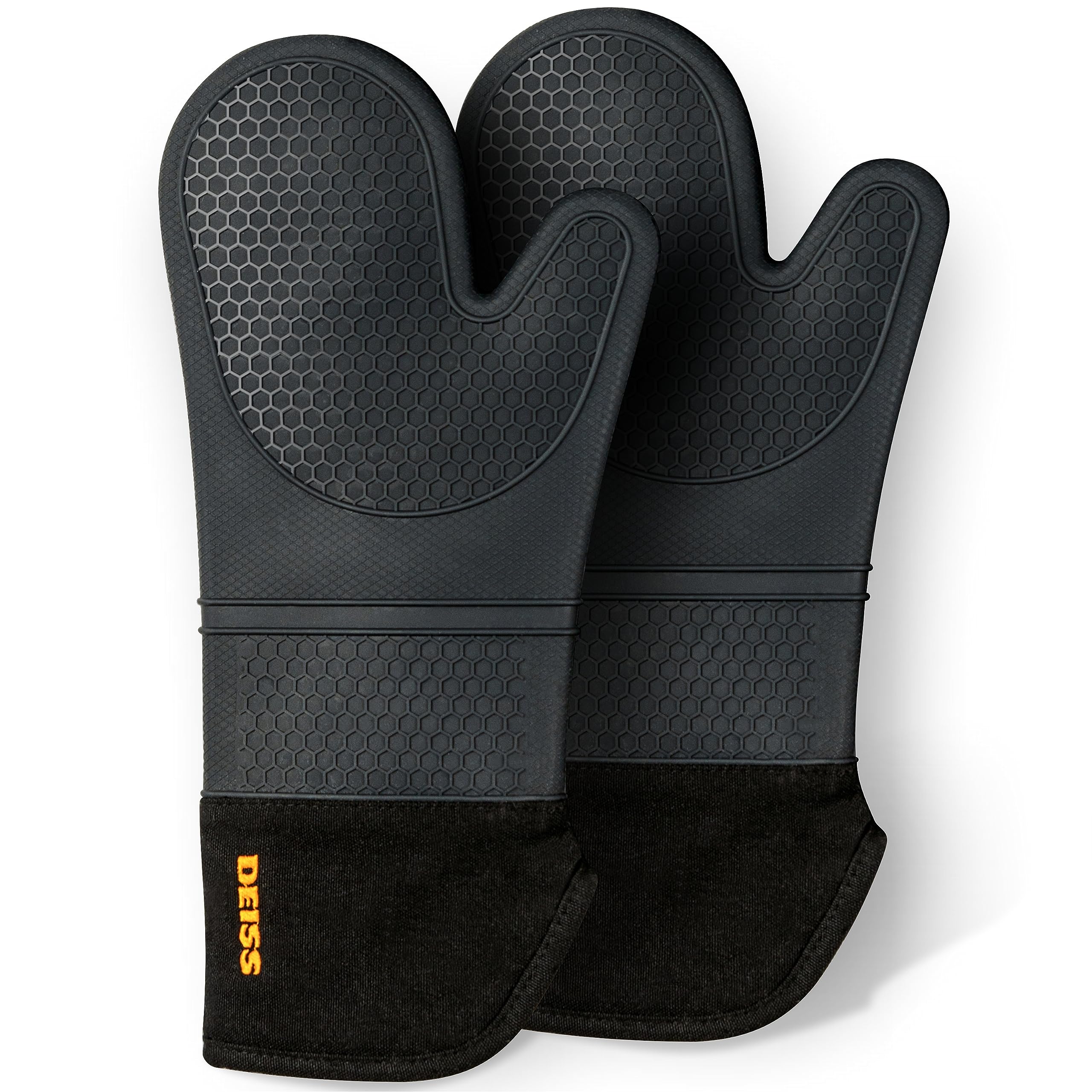 Deiss PRO Heat and Stain Resistant Silicone Oven Mitts Set, Soft Cotton Lining BBQ Gloves, Waterproof, Extra Long Flexible Thick Kitchen Mitts for Cooking, Non-Slip Grip Oven Gloves