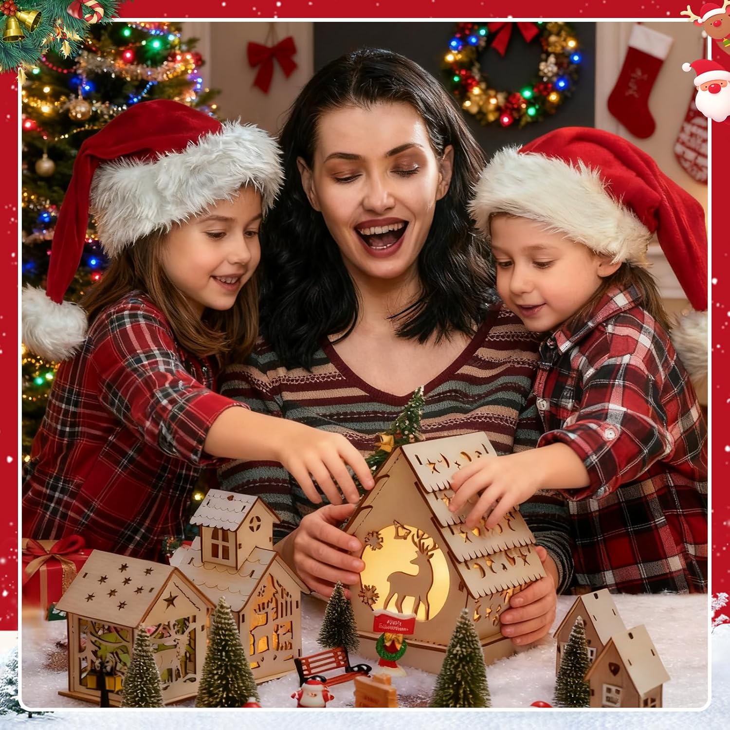 Skiennix 29-Piece Christmas Village Set - Lighted Wooden Houses & Miniature Trees for DIY Crafts