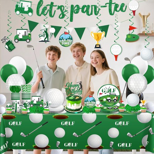 192pcs Golf Party Decorations, Golf Birthday Decorations with Golf Plates and Napkins Set, Pennant Banner Tablecloth Cupcake Topper Balloon, Etc. for Golf Birthday Party Decorations, Serves 25