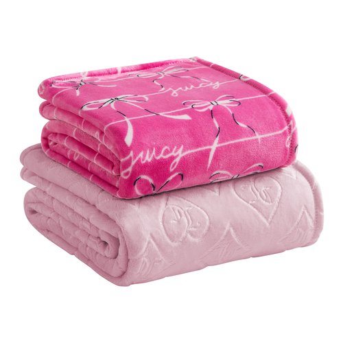 Juicy Couture Plush Throw Blanket Set - 2 Piece Set: 50" x 70" & 60"x 90", Royal Embossed/Bow