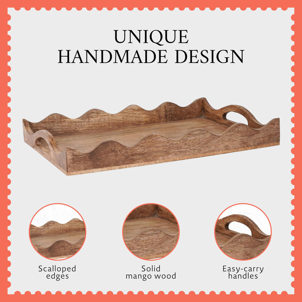 Mela Artisans Wooden Serving Tray with Handles | 12x8x2.5 Mango Wood Decorative Tray | Ottoman Tray | Snacks | Desserts | Breads | Coffee Table | Bedroom | Scalloped Design