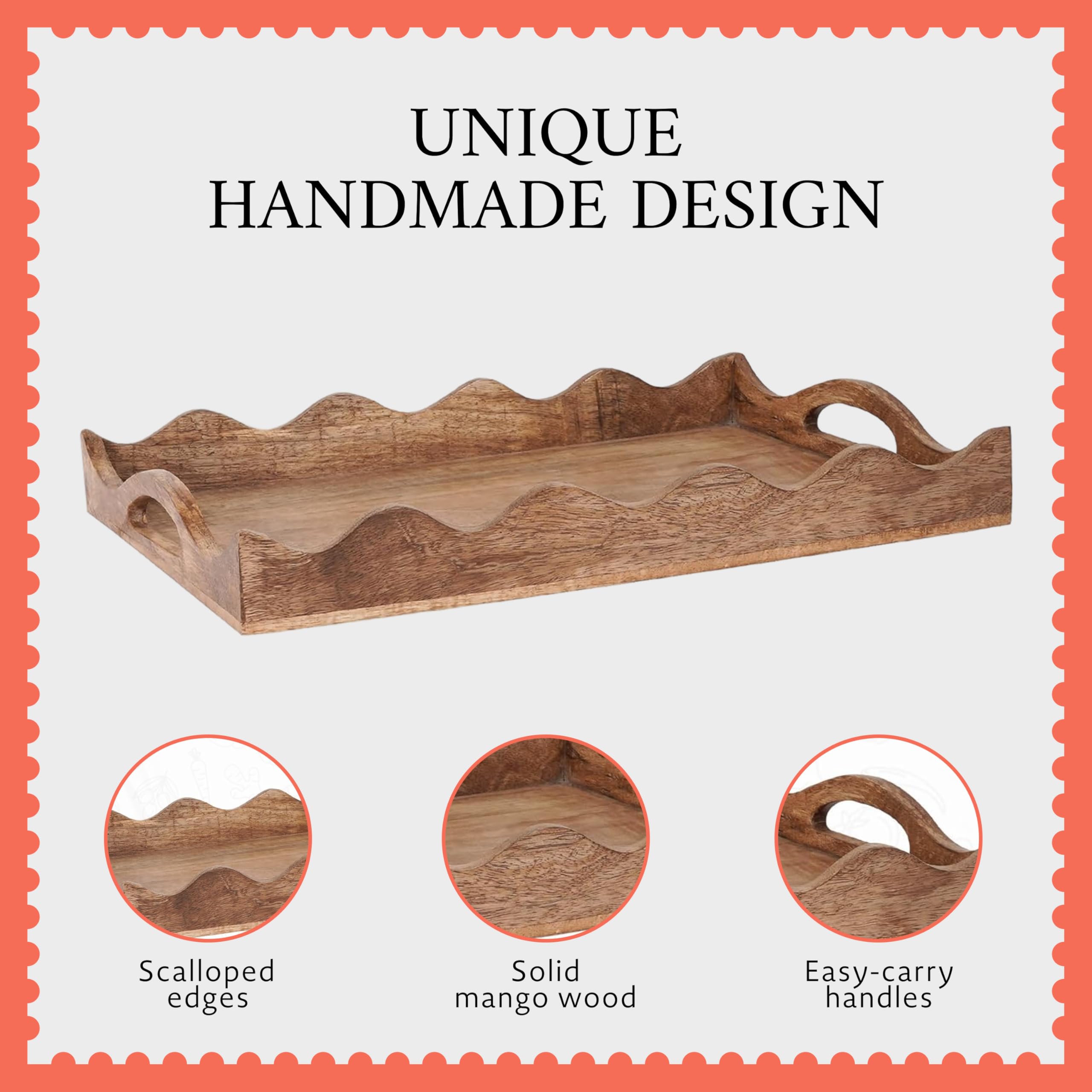 Mela Artisans Wooden Serving Tray with Handles | 12x8x2.5 Mango Wood Decorative Tray | Ottoman Tray | Snacks | Desserts | Breads | Coffee Table | Bedroom | Scalloped Design