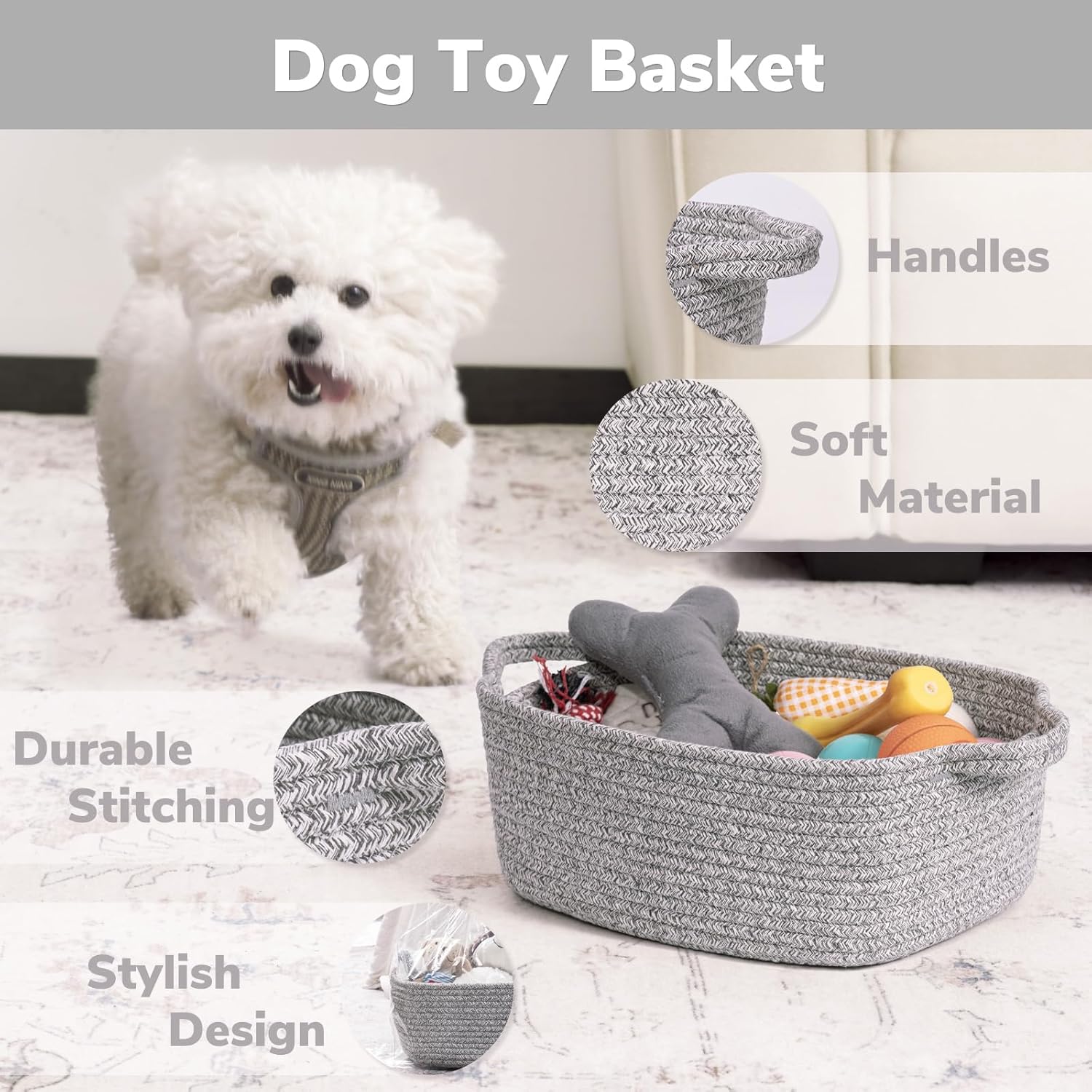 CHICVITA Decorative Gift Basket - Easter Basket for Kids | Woven Rope Storage Organizer, Grey, 13 x 9.8 x 5 Inches